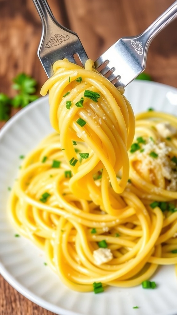 A delicious serving of garlic butter noodles garnished with parsley and Parmesan on a rustic table.